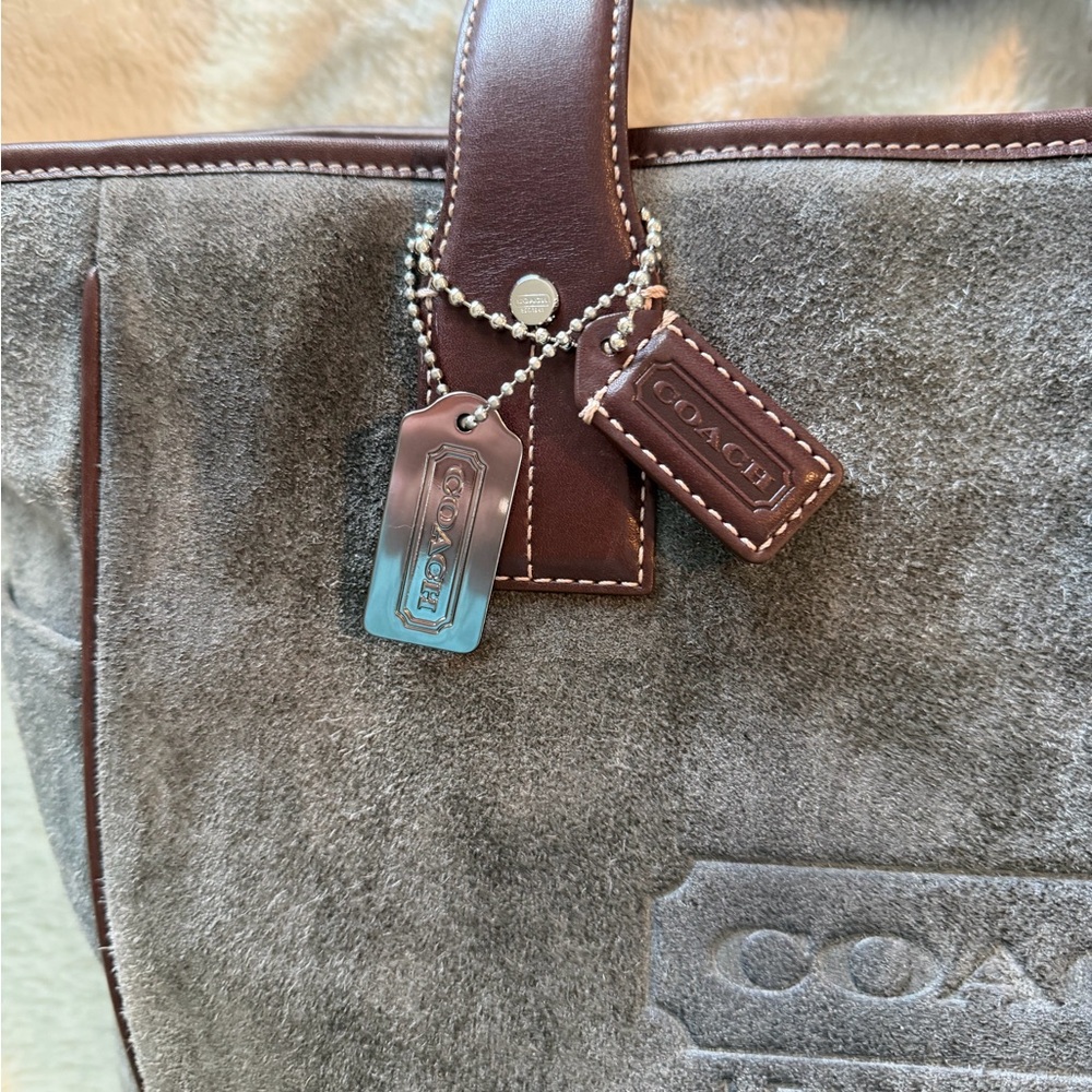 Coach Vintage Gray Suede-Brown Leather #5995 Tote 16.5x12.5 2003 - Picture 7 of 15